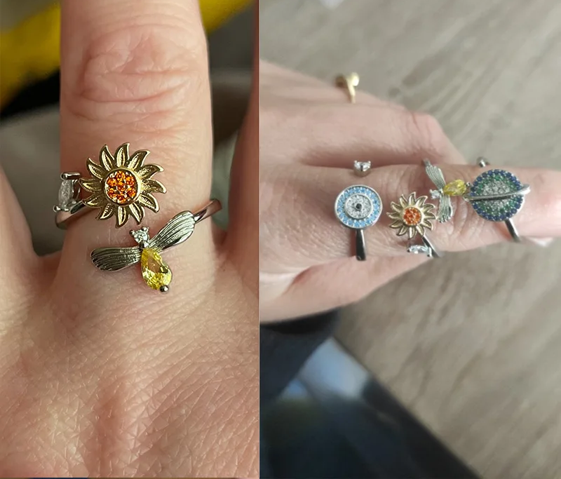 Stainless Steel Spinner Ring – Anti-Stress Sun & Sunflower Design