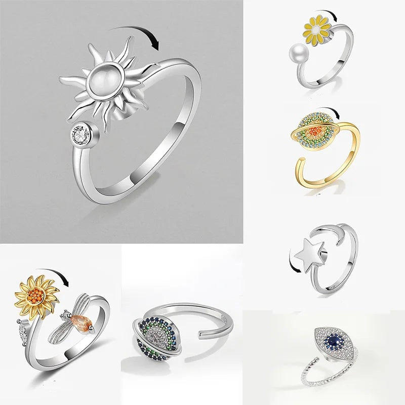 Stainless Steel Spinner Ring – Anti-Stress Sun & Sunflower Design