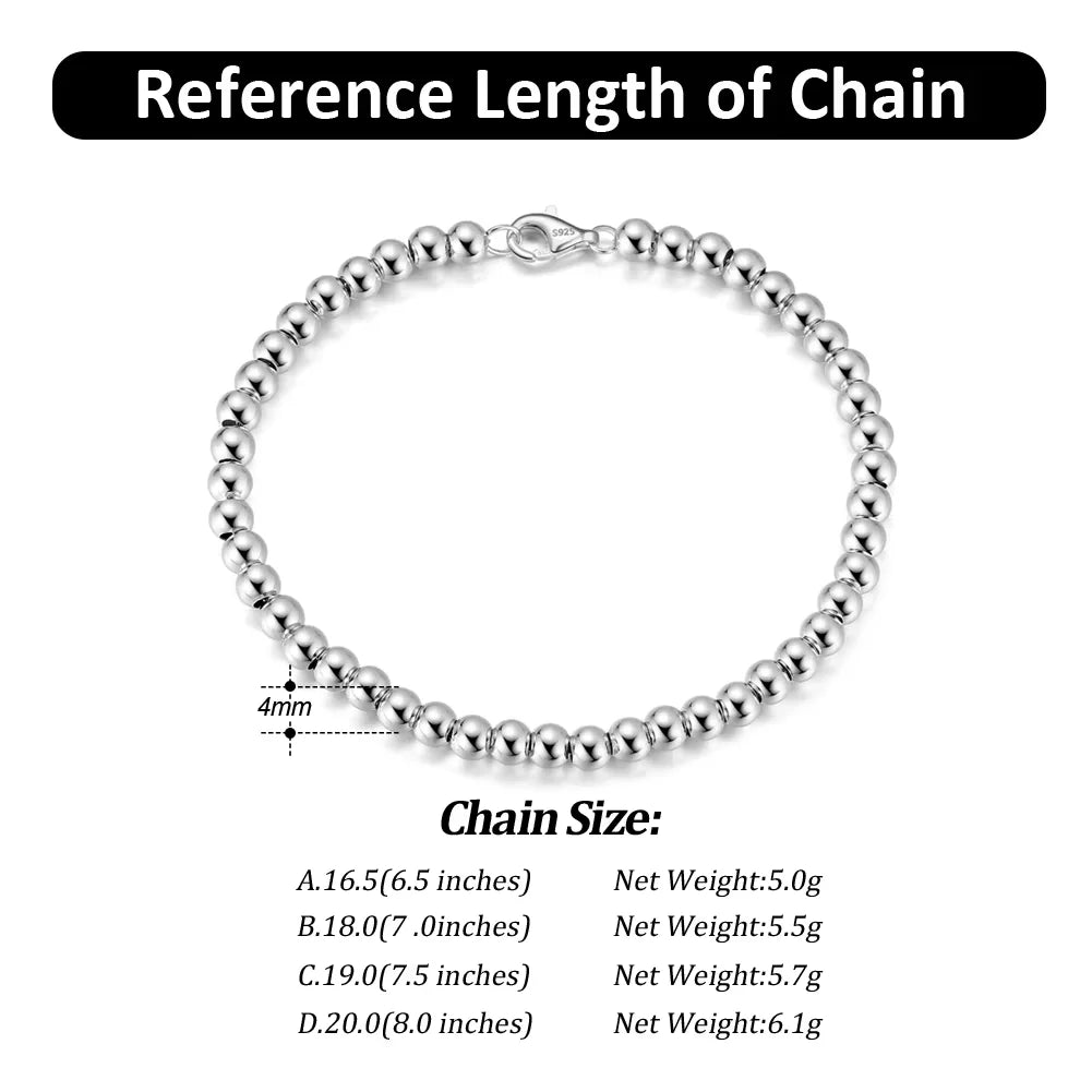 4mm 925 sterling silver bead chain bracelet with polished round beads and lobster clasp, rhodium plated, available in lengths from 6.5 to 8 inches