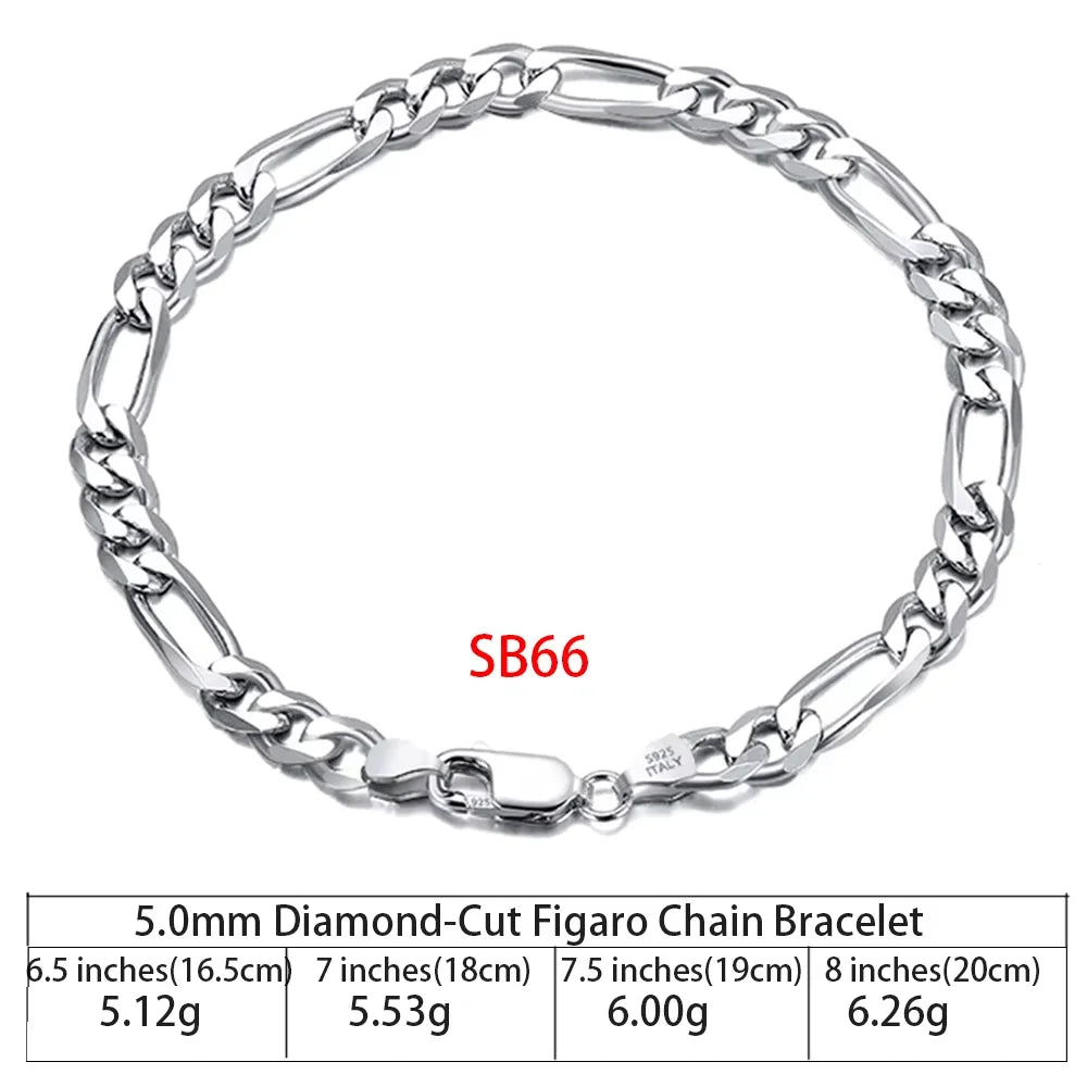 5mm 925 sterling silver diamond-cut Figaro chain bracelet with lobster clasp, rhodium plated, available in 6.5 to 8 inches