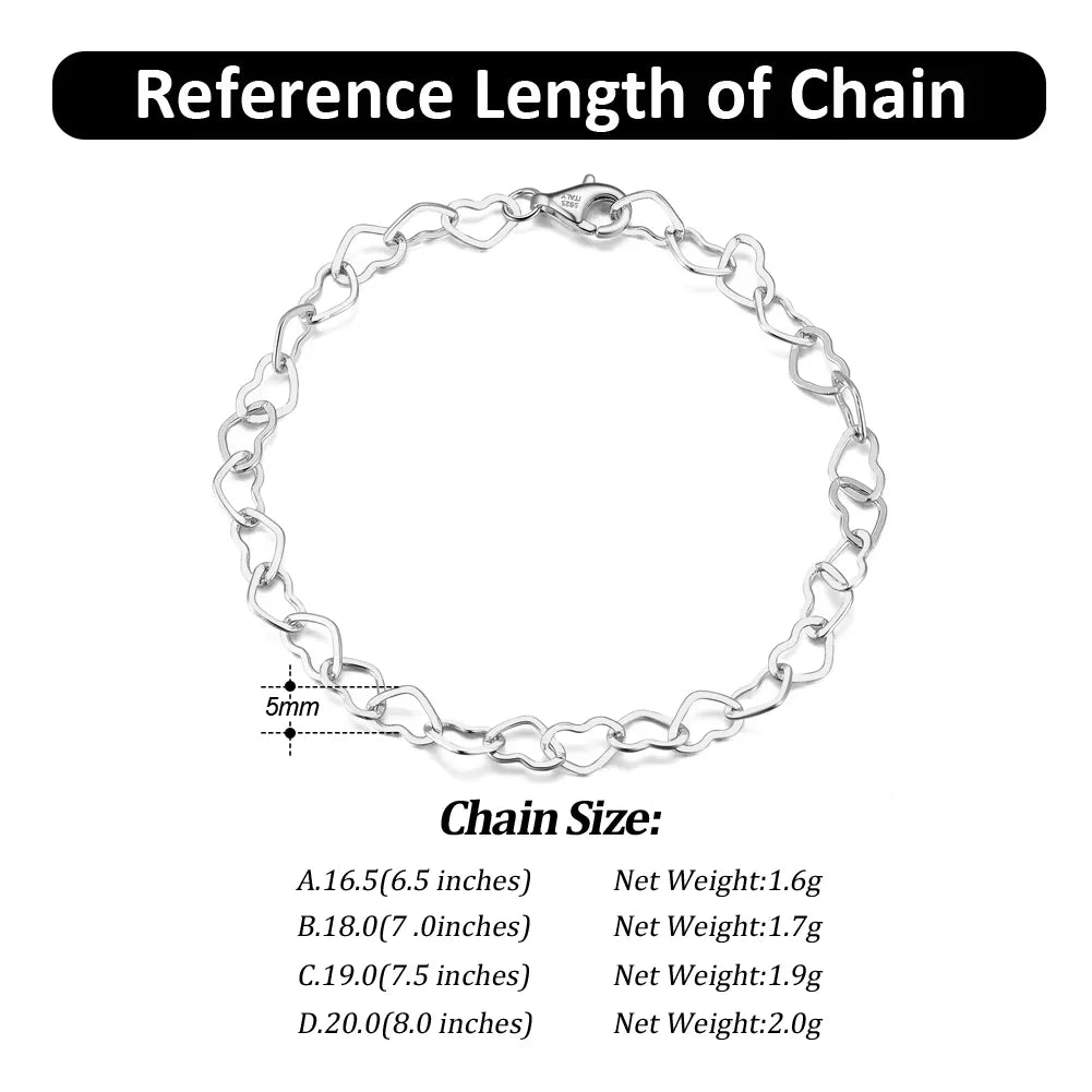 5mm 925 sterling silver bracelet with delicate heart-shaped links, rhodium plated, available in lengths from 6.5 to 8 inches