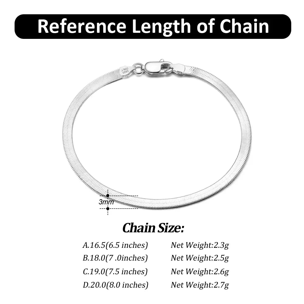 3mm 925 sterling silver herringbone chain bracelet with lobster clasp, rhodium plated, available in 6.5 to 8 inches