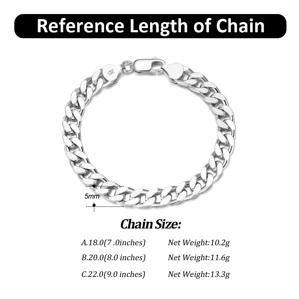 5mm 925 sterling silver Cuban link bracelet with lobster clasp, rhodium plated, available in lengths from 7 to 9 inches