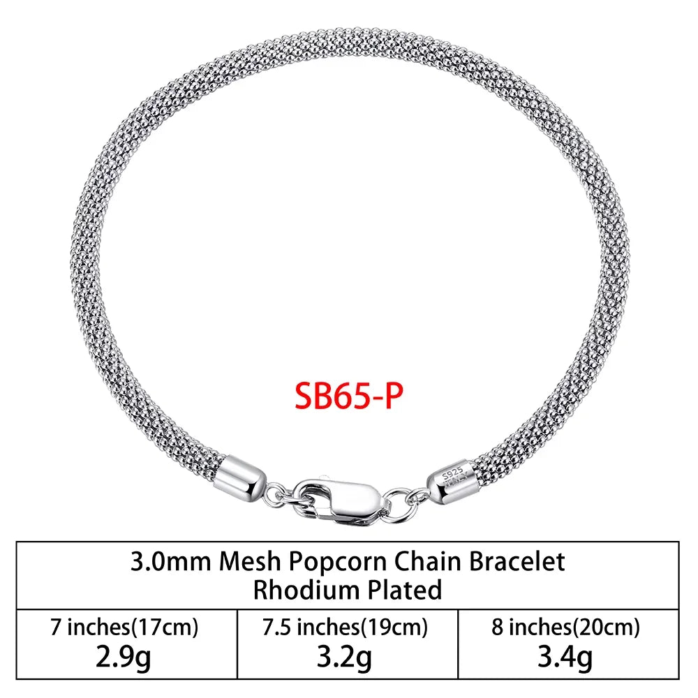 3.0mm 925 sterling silver mesh popcorn chain bracelet with lobster clasp, rhodium plated for shine, available in 7, 7.5, and 8 inches