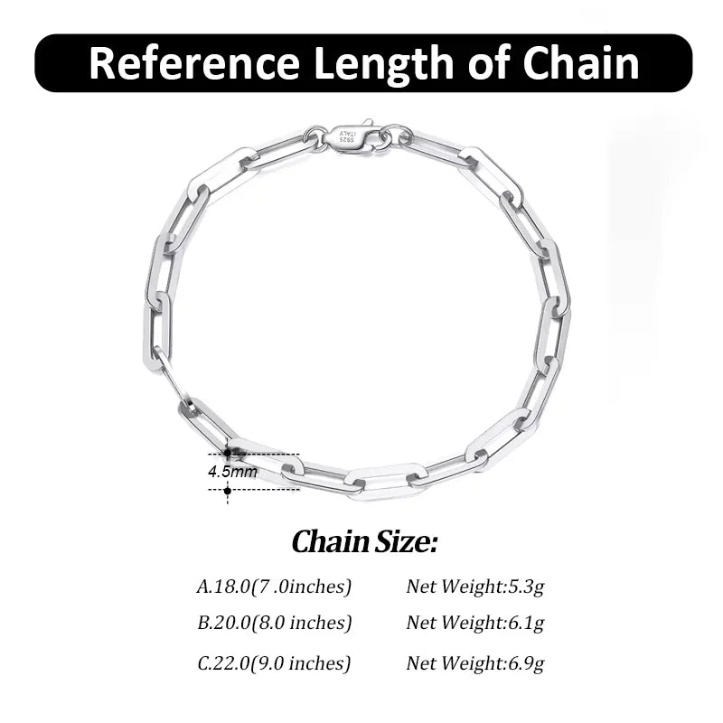 4.5mm 925 sterling silver paperclip link bracelet with lobster clasp, rhodium plated, available in 7, 8, and 9 inches