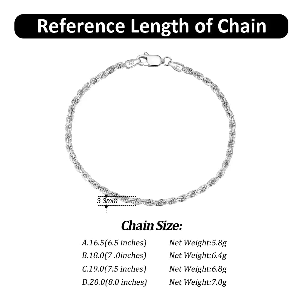 3.3mm 925 sterling silver rope chain bracelet with lobster clasp, rhodium plated, available in lengths from 6.5 to 8 inches