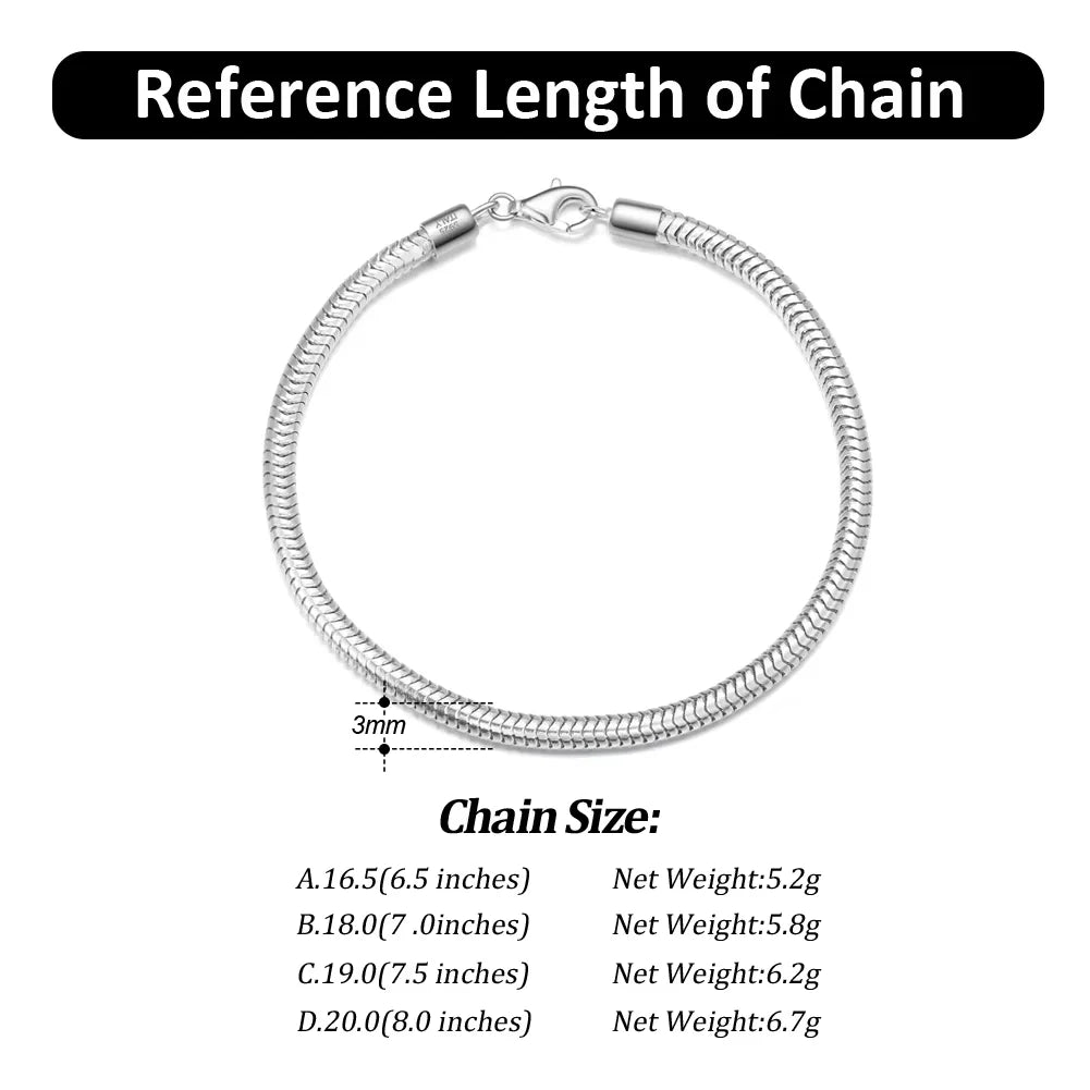 3mm 925 sterling silver snake chain bracelet with lobster clasp, rhodium plated, available in 6.5 to 8 inches