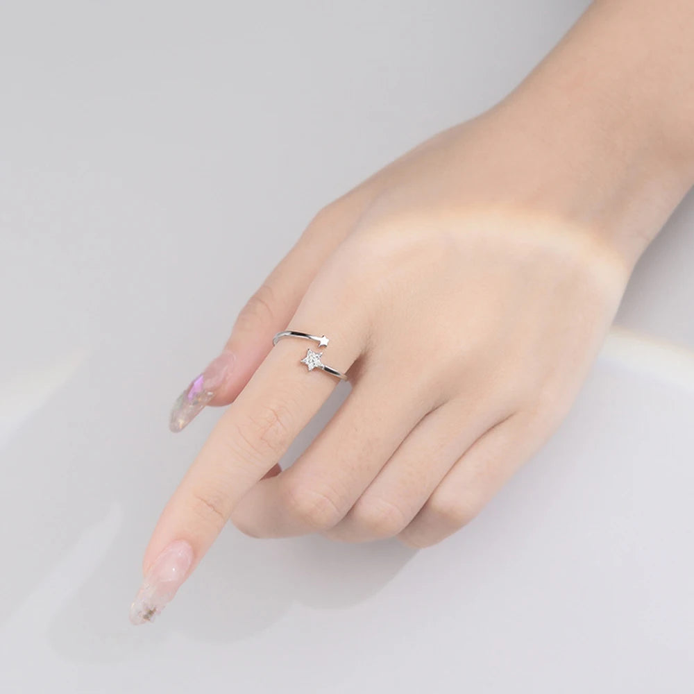 925 Sterling Silver Star Open Ring – Adjustable Zircon Star Ring for Women