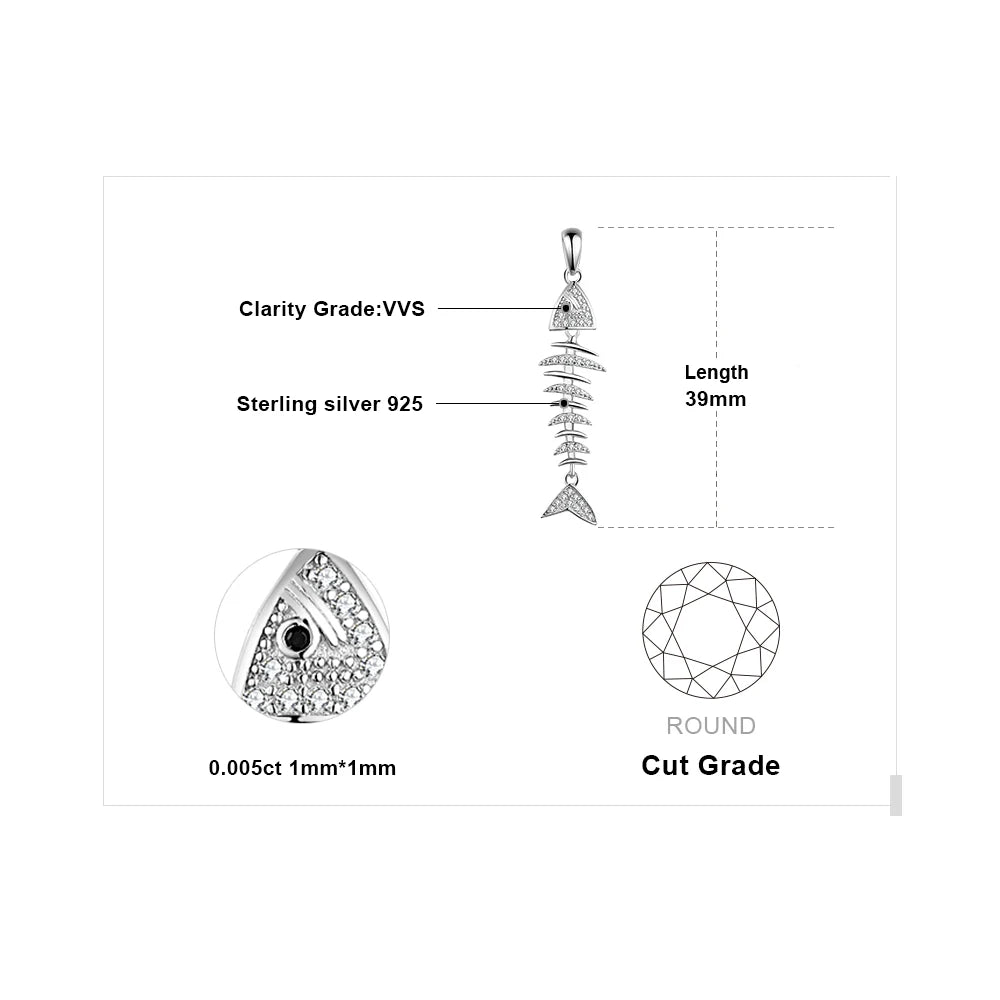 Diagram showing size and details of 925 sterling silver fishbone pendant with black spinel stones