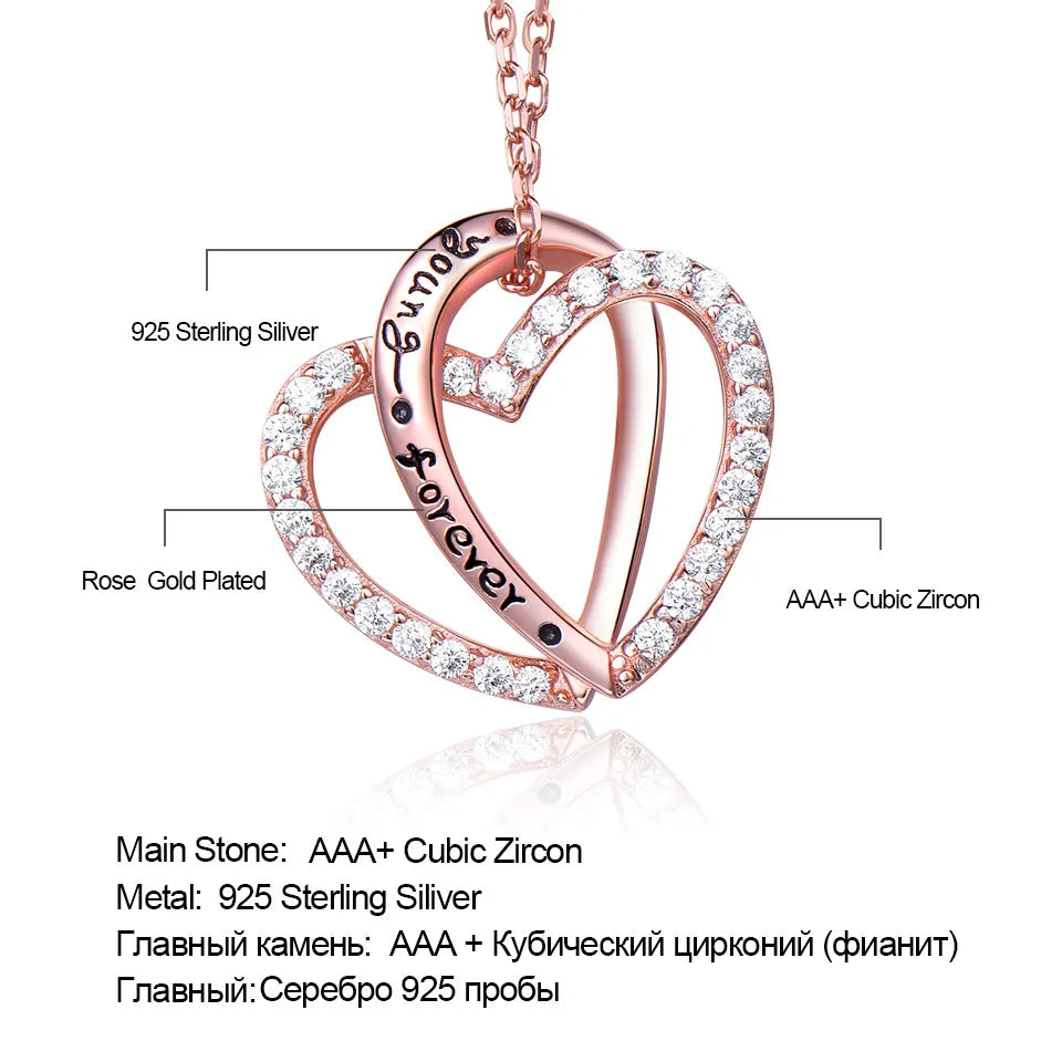 925 Sterling Silver Rose Gold Double Heart Necklace with Zircon Stones – "Young Forever" Pendant