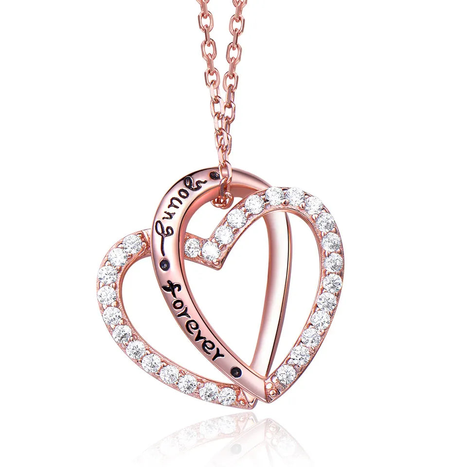 925 Sterling Silver Rose Gold Double Heart Necklace with Zircon Stones – "Young Forever" Pendant