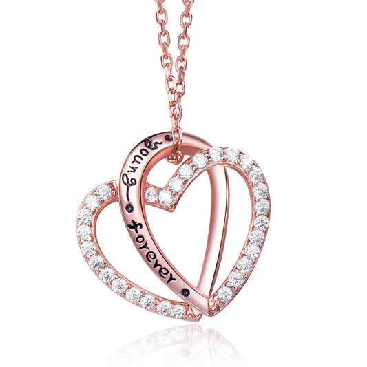 925 Sterling Silver Rose Gold Double Heart Necklace with Zircon Stones – "Young Forever" Pendant