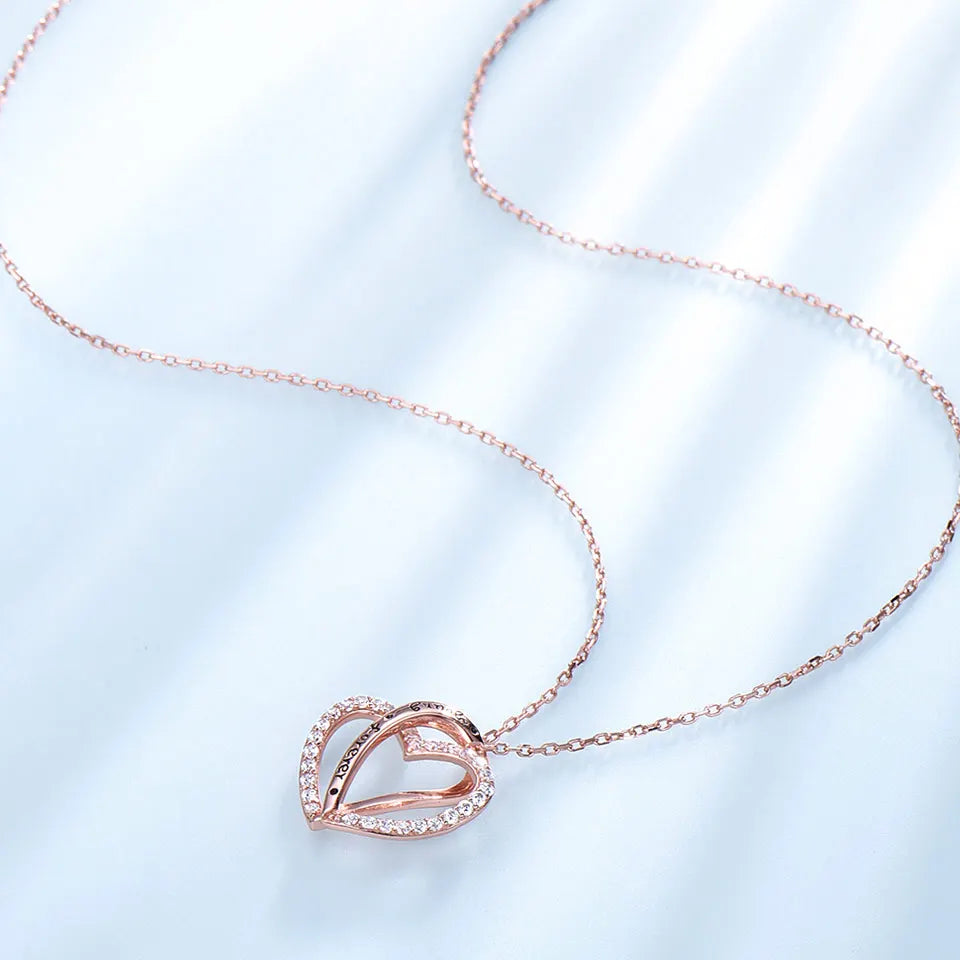 925 Sterling Silver Rose Gold Double Heart Necklace with Zircon Stones – "Young Forever" Pendant