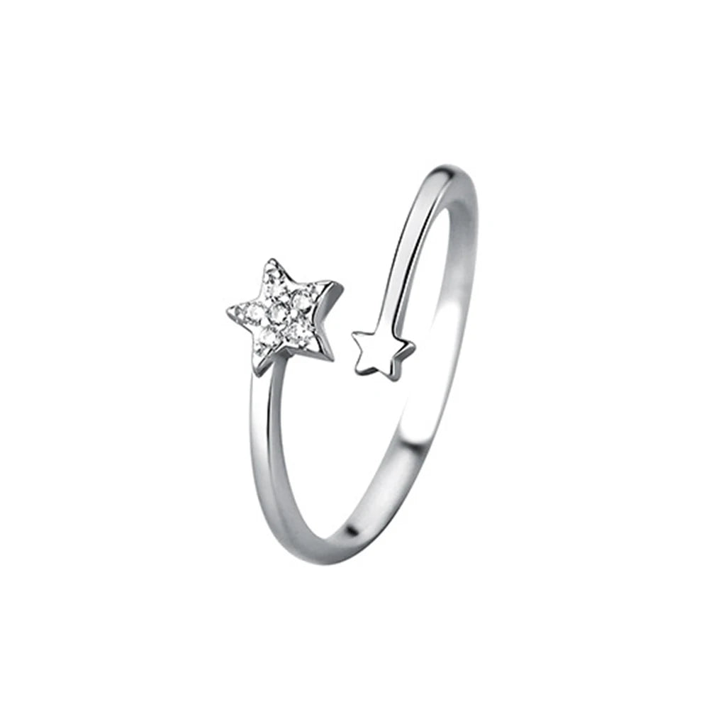 925 Sterling Silver Star Open Ring – Adjustable Zircon Star Ring for Women