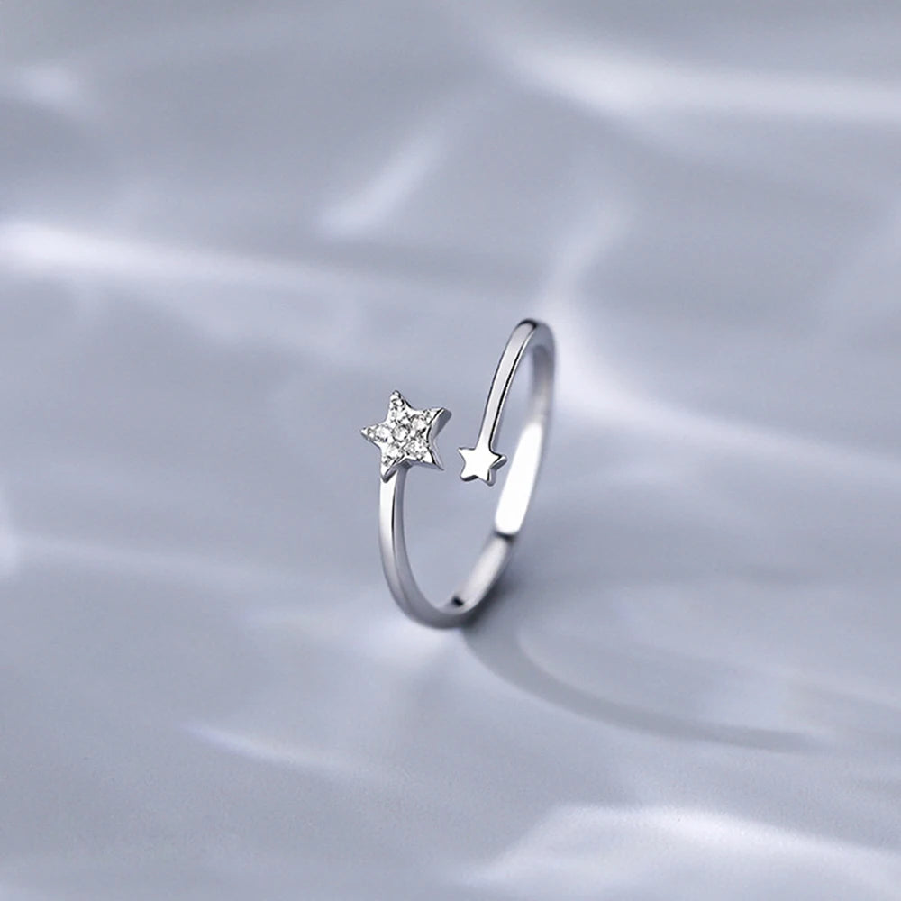 925 Sterling Silver Star Open Ring – Adjustable Zircon Star Ring for Women