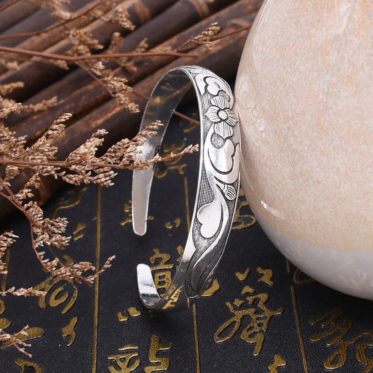 Vintage Kazakh Floral Silver-Plated Cuff Bracelet – Ethnic Boho Style