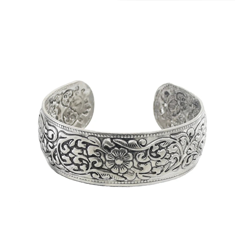 Vintage Floral Tibetan Silver Cuff Bracelet – Adjustable Metal Alloy Bangle for Women