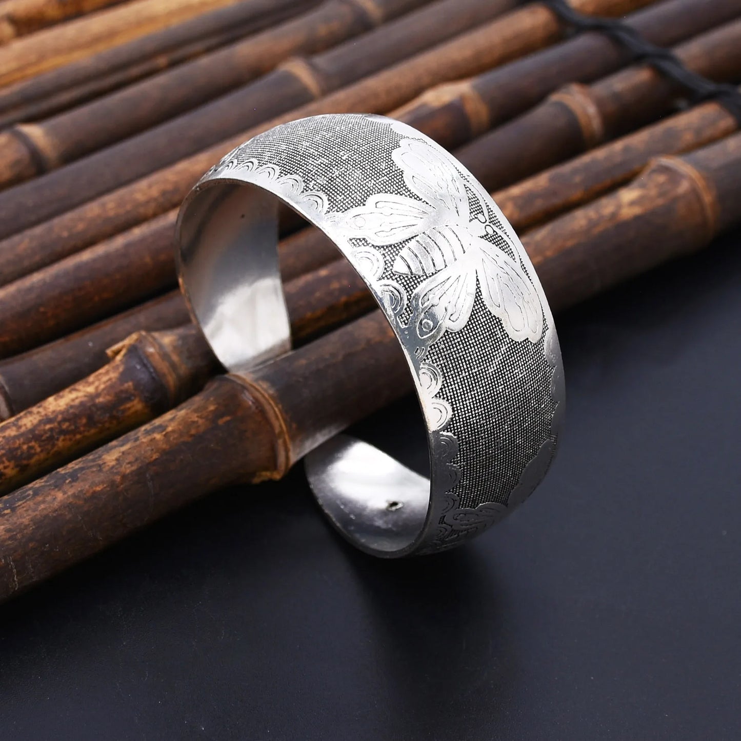 Ethnic Miao Style Butterfly Cuff Bracelet – Silver-Plated Zinc Alloy Bangle for Women