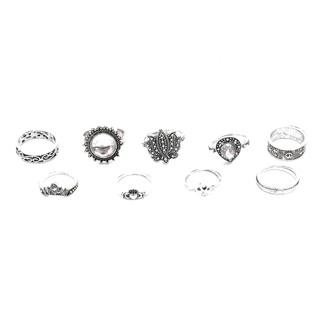 Vintage Boho Silver Ring Set – 8pcs Adjustable Zinc Alloy Rings for Women