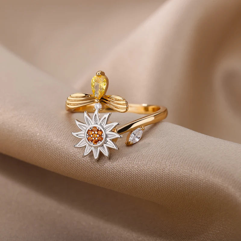 Stainless Steel Spinner Ring – Anti-Stress Sun & Sunflower Design