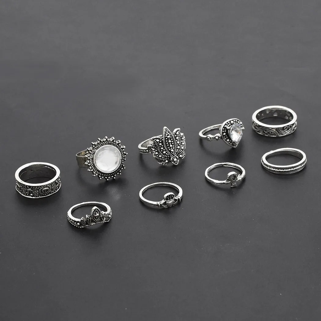 Vintage Boho Silver Ring Set – 8pcs Adjustable Zinc Alloy Rings for Women