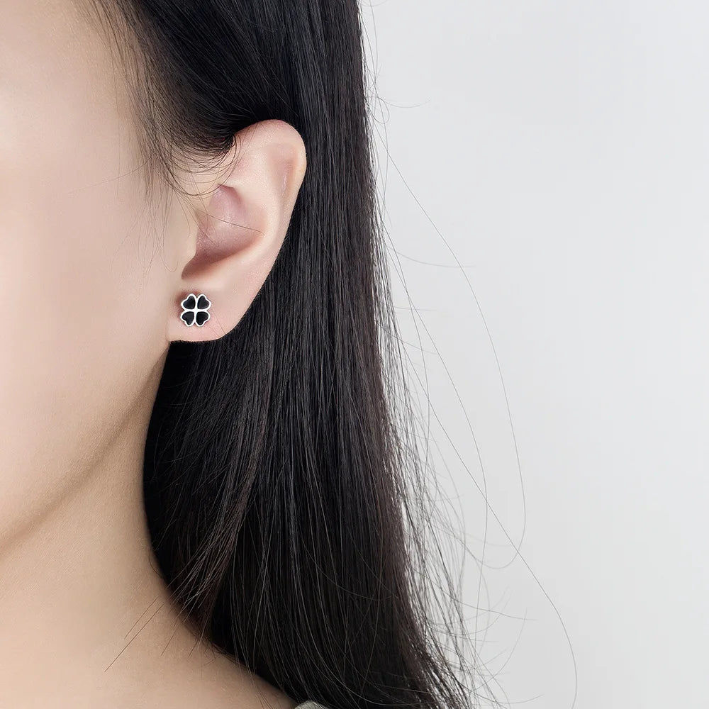 925 Sterling Silver Black Enamel Stud Earring – Minimalist Shape Design
