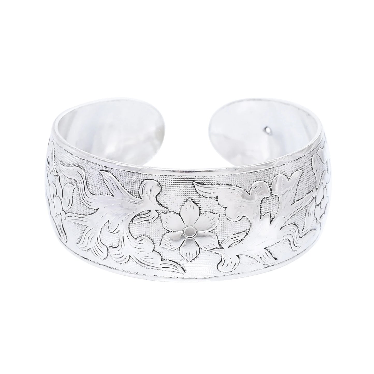 Central Asian Kazakh Style Floral Cuff Bracelet – Silver-Plated Zinc Alloy Bangle for Women