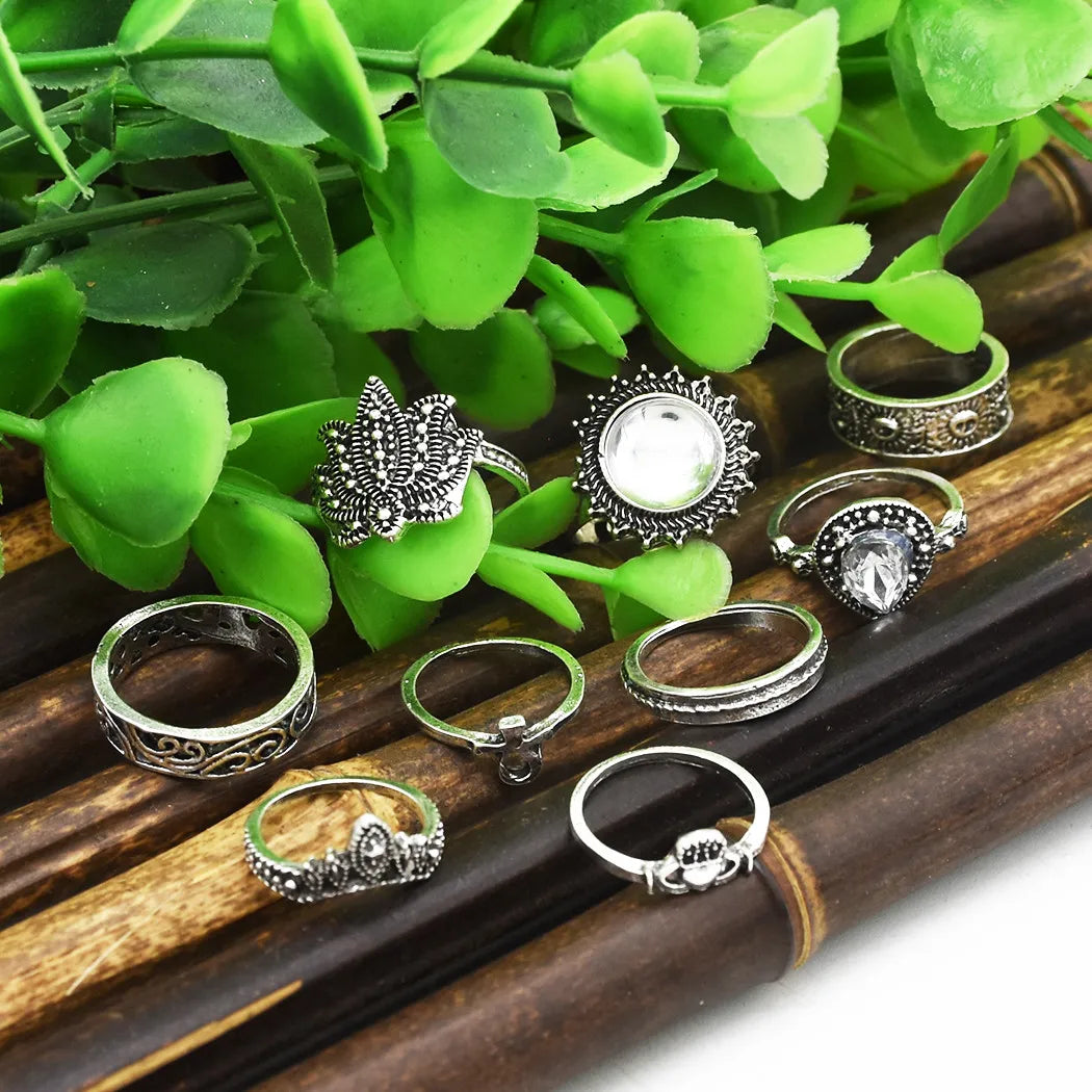 Vintage Boho Silver Ring Set – 8pcs Adjustable Zinc Alloy Rings for Women