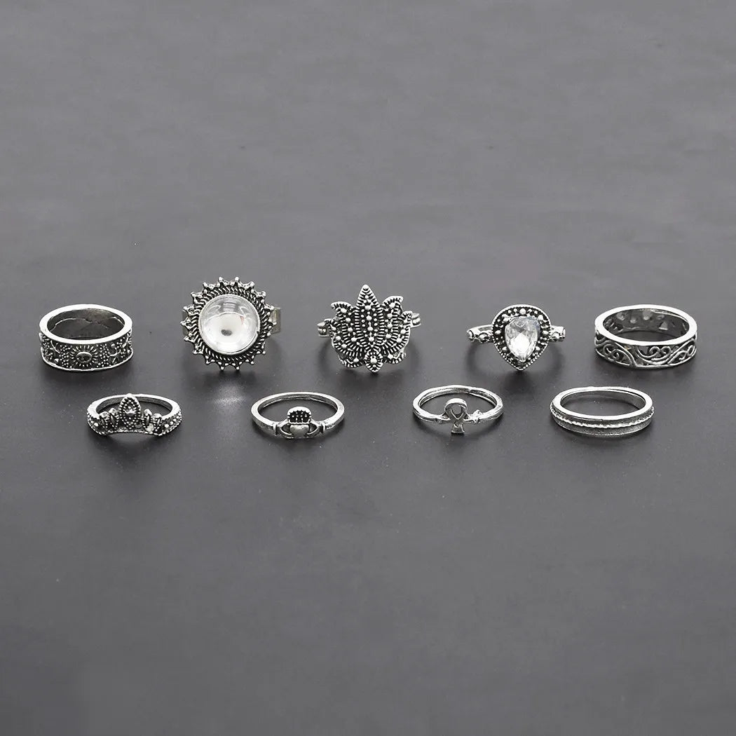 Vintage Boho Silver Ring Set – 8pcs Adjustable Zinc Alloy Rings for Women