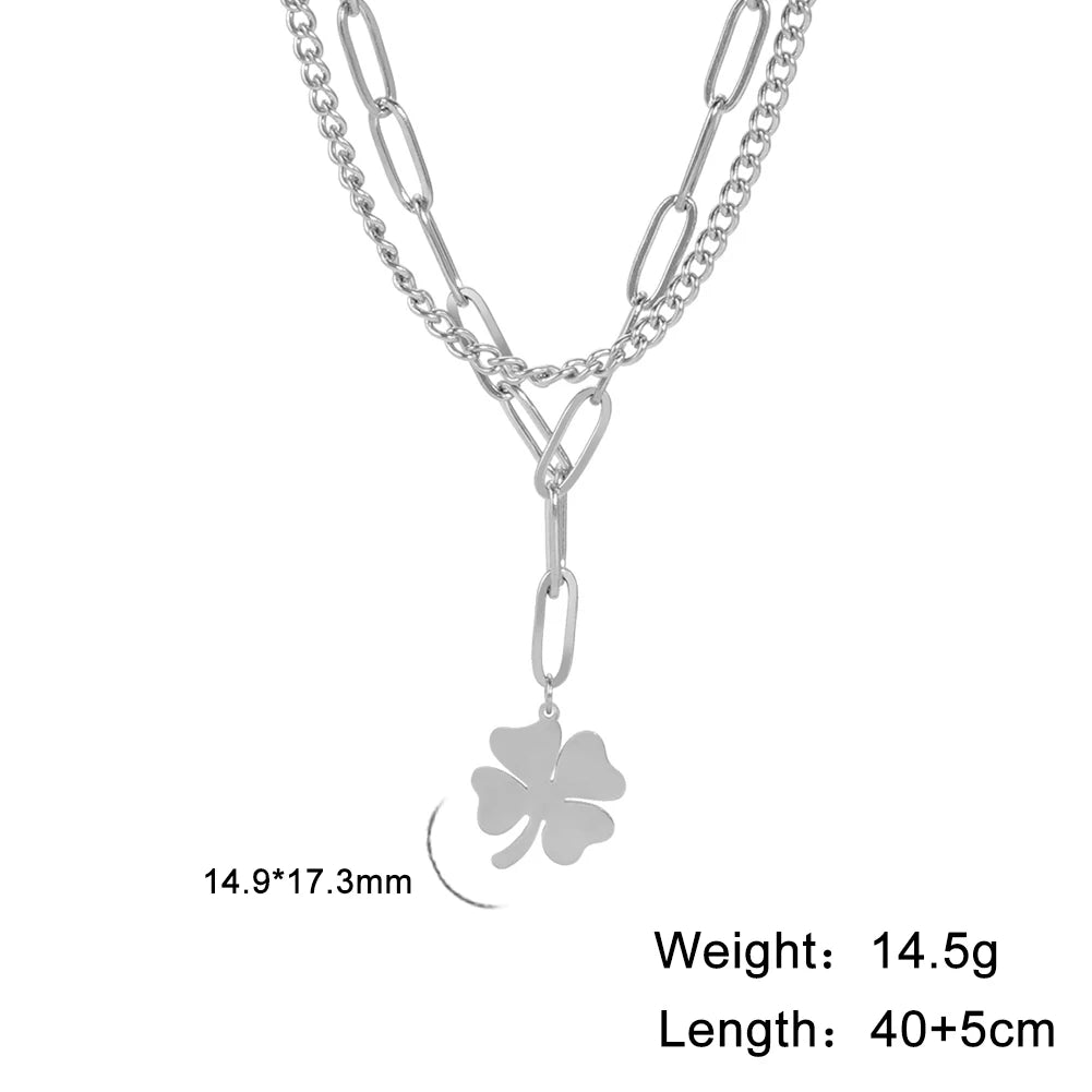 Stainless Steel Four-Leaf Clover Pendant Necklace – Lucky Charm Layered Design