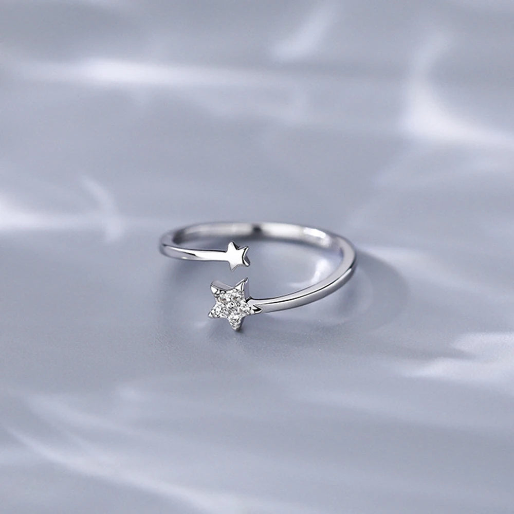 925 Sterling Silver Star Open Ring – Adjustable Zircon Star Ring for Women