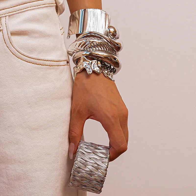Silver-tone woven pattern cuff bracelet with stacked bangles, modern fashion jewelry