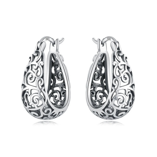 Front view of Vintage Vine Hoop Earrings in 925 sterling silver with intricate vine engravings