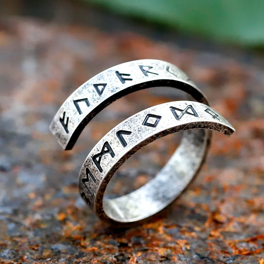 316L stainless steel Viking ring with Nordic rune engravings front view