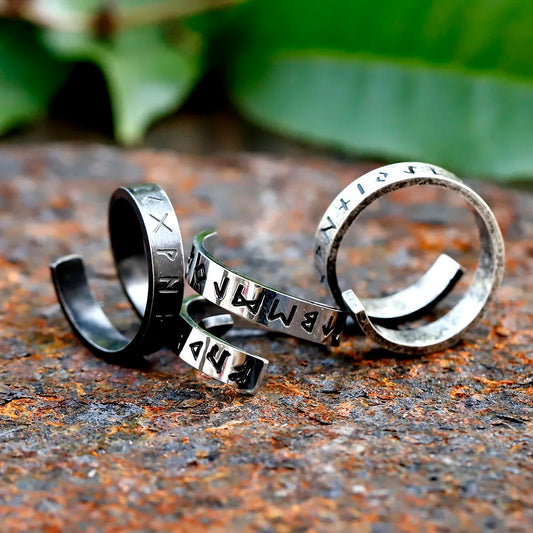 oxidized stainless steel Viking ring with Norse pattern side view