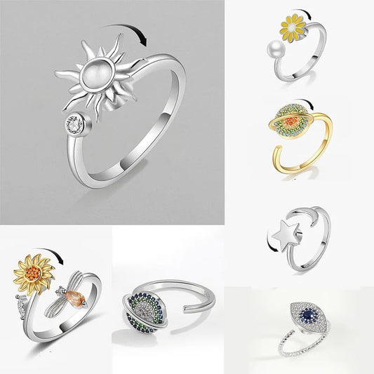 Stainless Steel Spinner Ring – Anti-Stress Sun & Sunflower Design