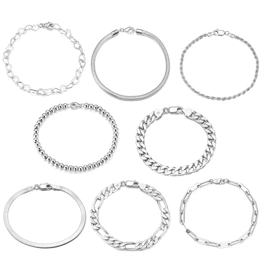 Set of 925 sterling silver chain and link bracelets in various designs including paperclip, Cuban, Figaro, snake chain, and bead styles, rhodium plated for shine.
