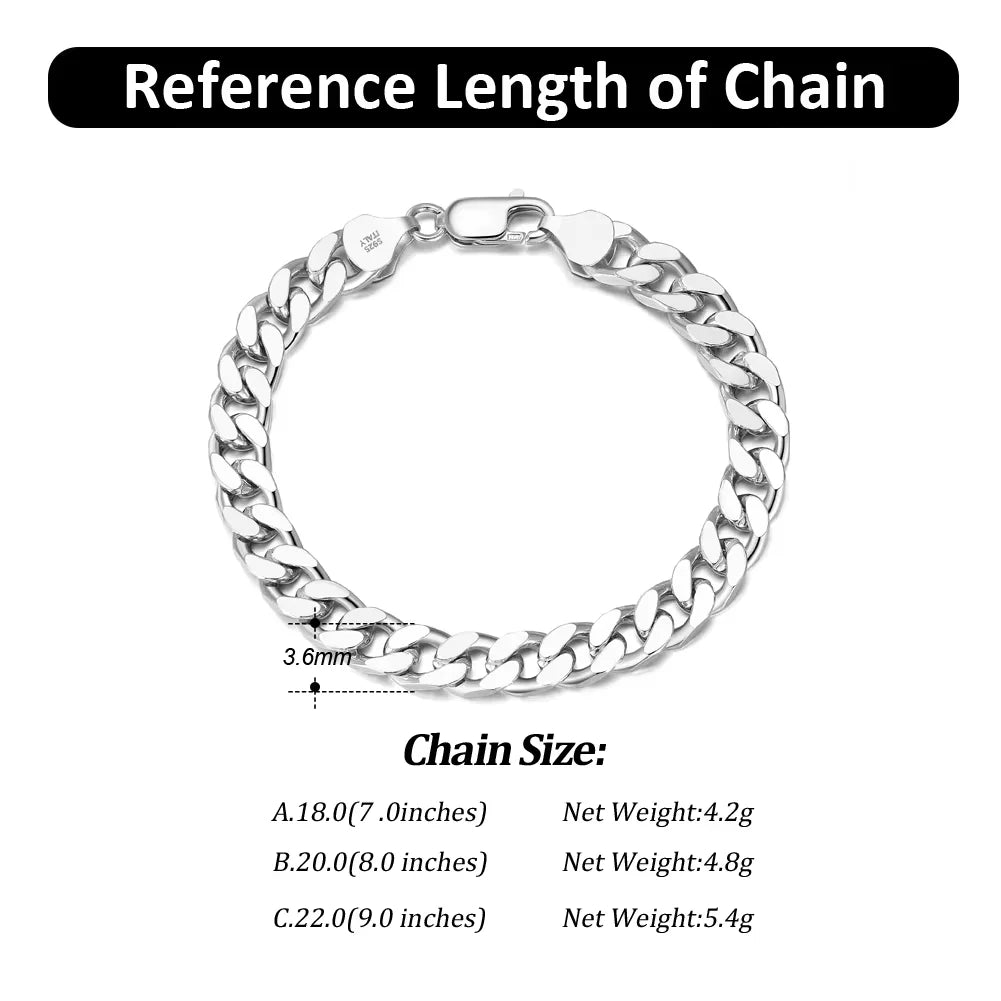 3.6mm 925 sterling silver Cuban link bracelet with lobster clasp, rhodium plated, available in lengths from 7 to 9 inches
