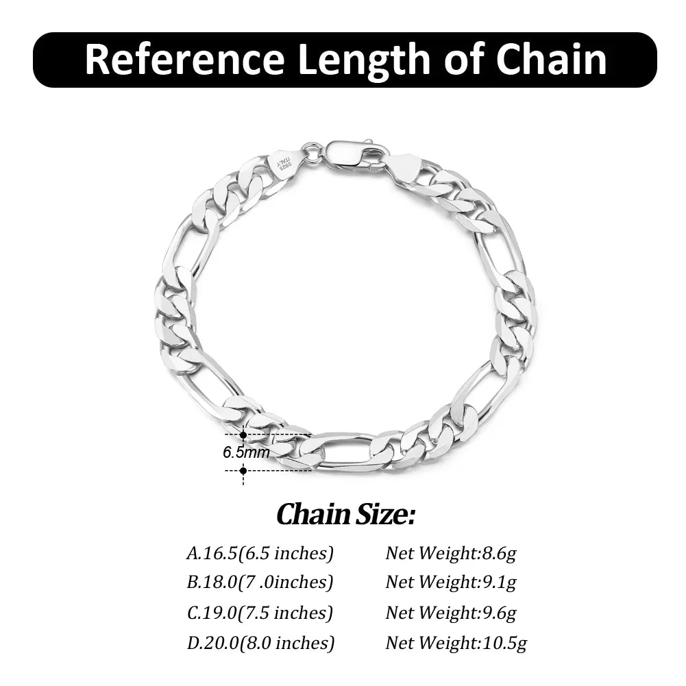 6.5mm 925 sterling silver Figaro link bracelet with lobster clasp, rhodium plated, available in multiple lengths from 6.5 to 8 inches