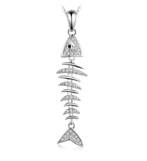 Minimalist fishbone pendant in sterling silver with 34 natural black spinel stones, displayed on a white background
