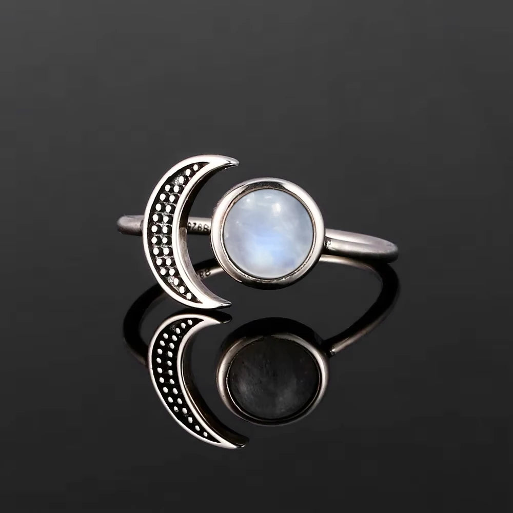 Dainty crescent moon and moonstone ring in 925 sterling silver, celestial-themed boho jewelry