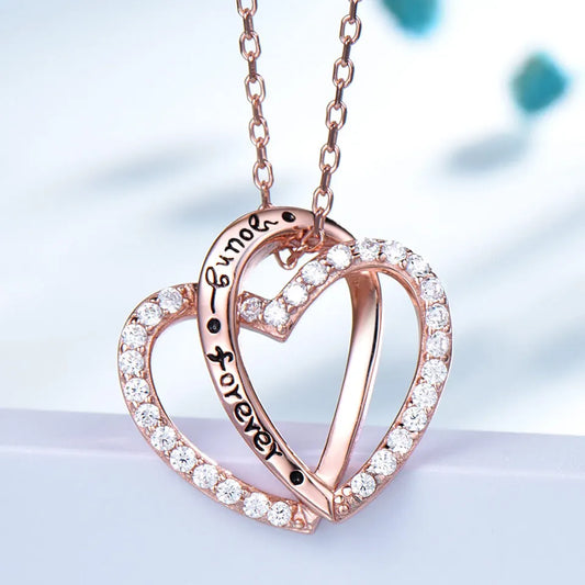 925 Sterling Silver Rose Gold Double Heart Necklace with Zircon Stones – "Young Forever" Pendant