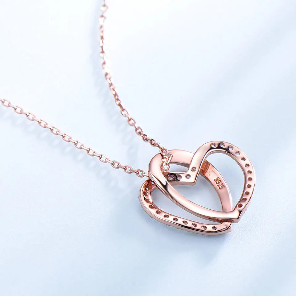 925 Sterling Silver Rose Gold Double Heart Necklace with Zircon Stones – "Young Forever" Pendant