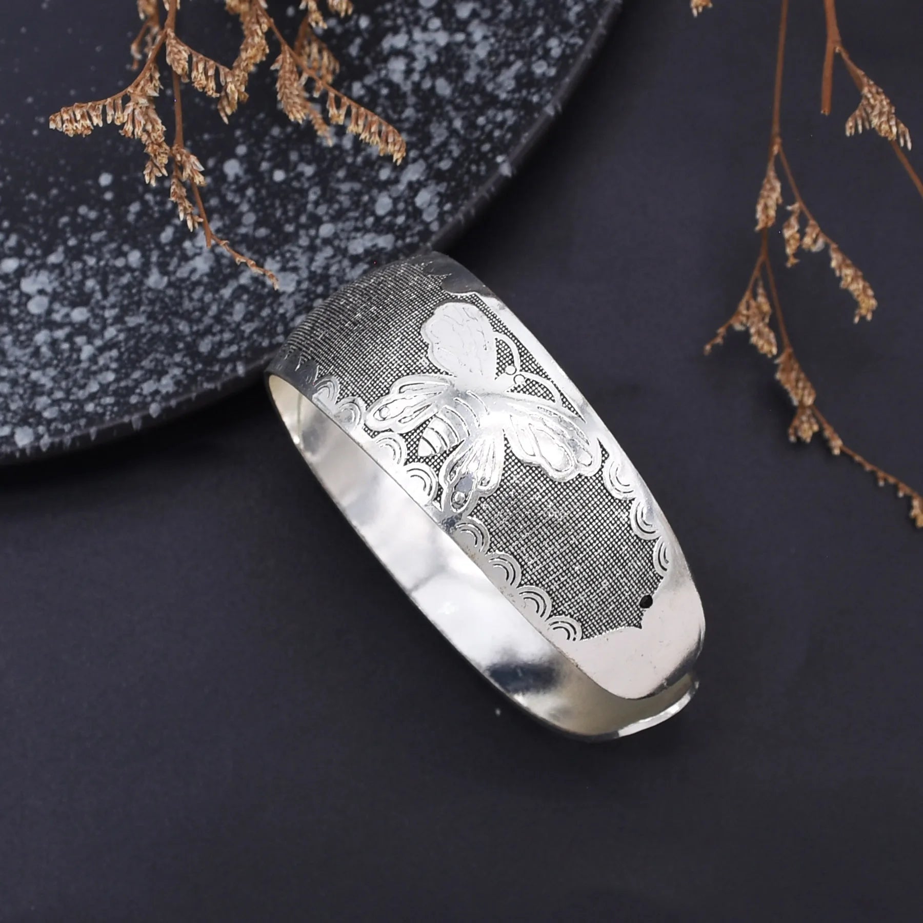 Ethnic Miao Style Butterfly Cuff Bracelet – Silver-Plated Zinc Alloy Bangle for Women