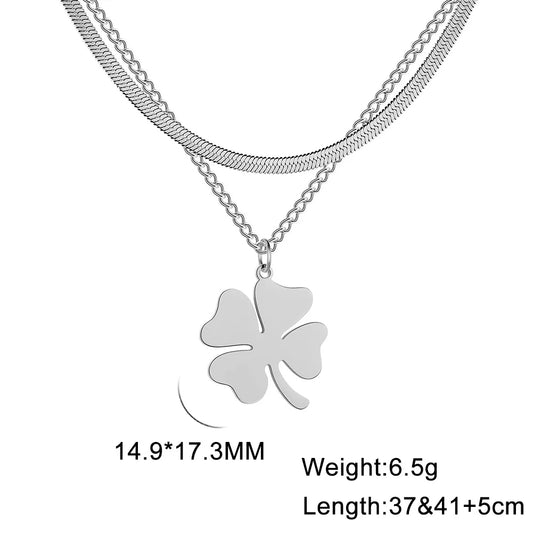 Stainless Steel Four-Leaf Clover Pendant Necklace – Lucky Charm Layered Design