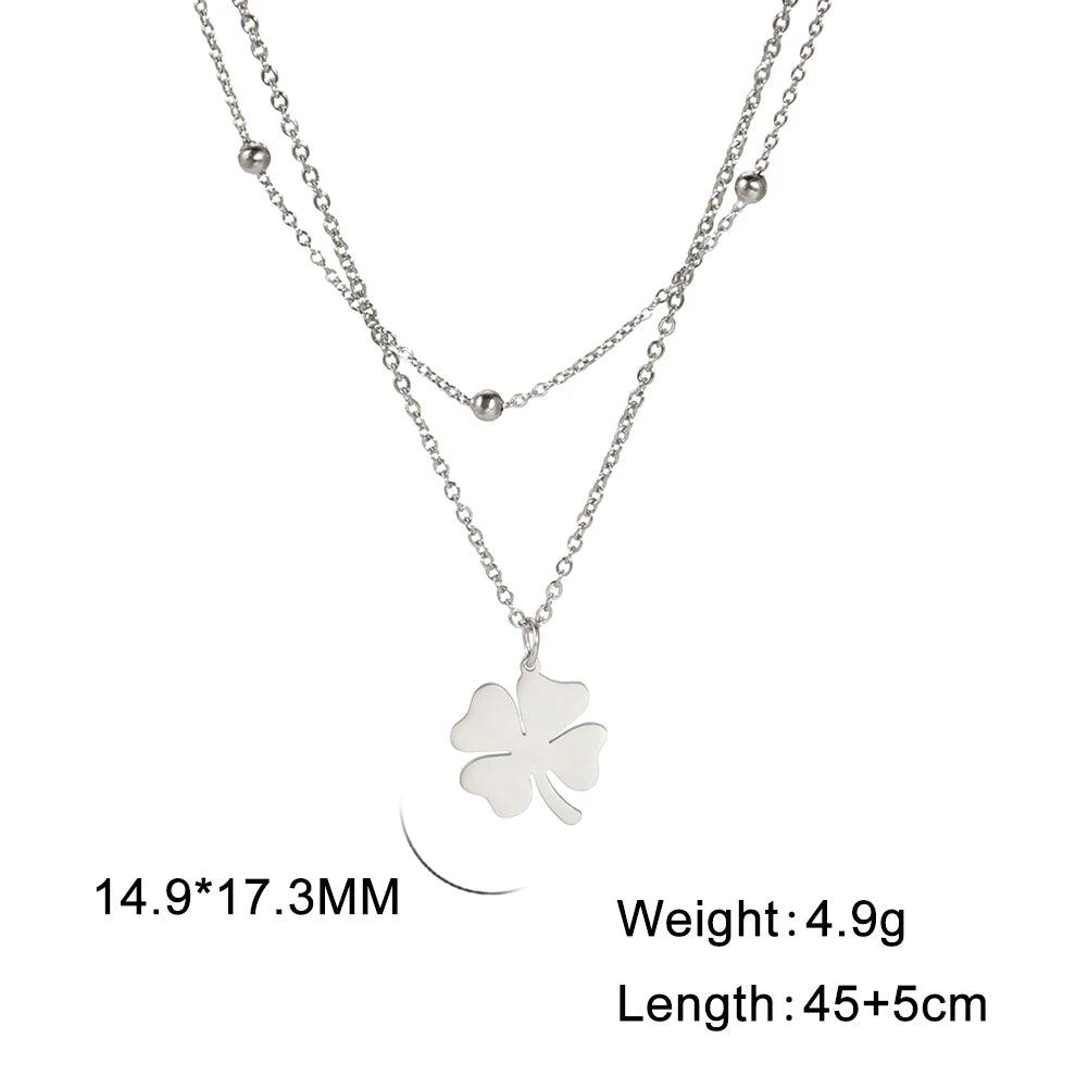 Stainless Steel Four-Leaf Clover Pendant Necklace – Lucky Charm Layered Design