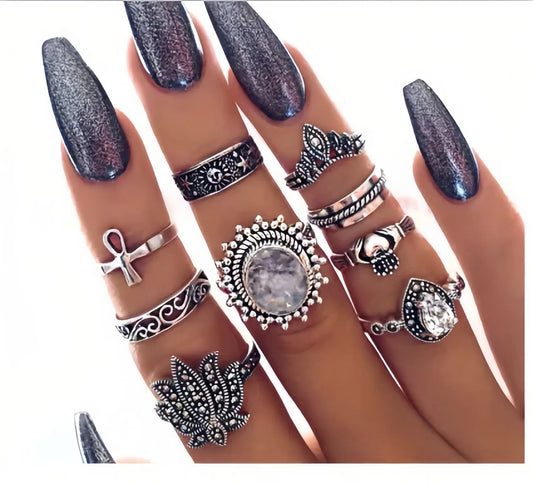 Vintage Boho Silver Ring Set – 8pcs Adjustable Zinc Alloy Rings for Women