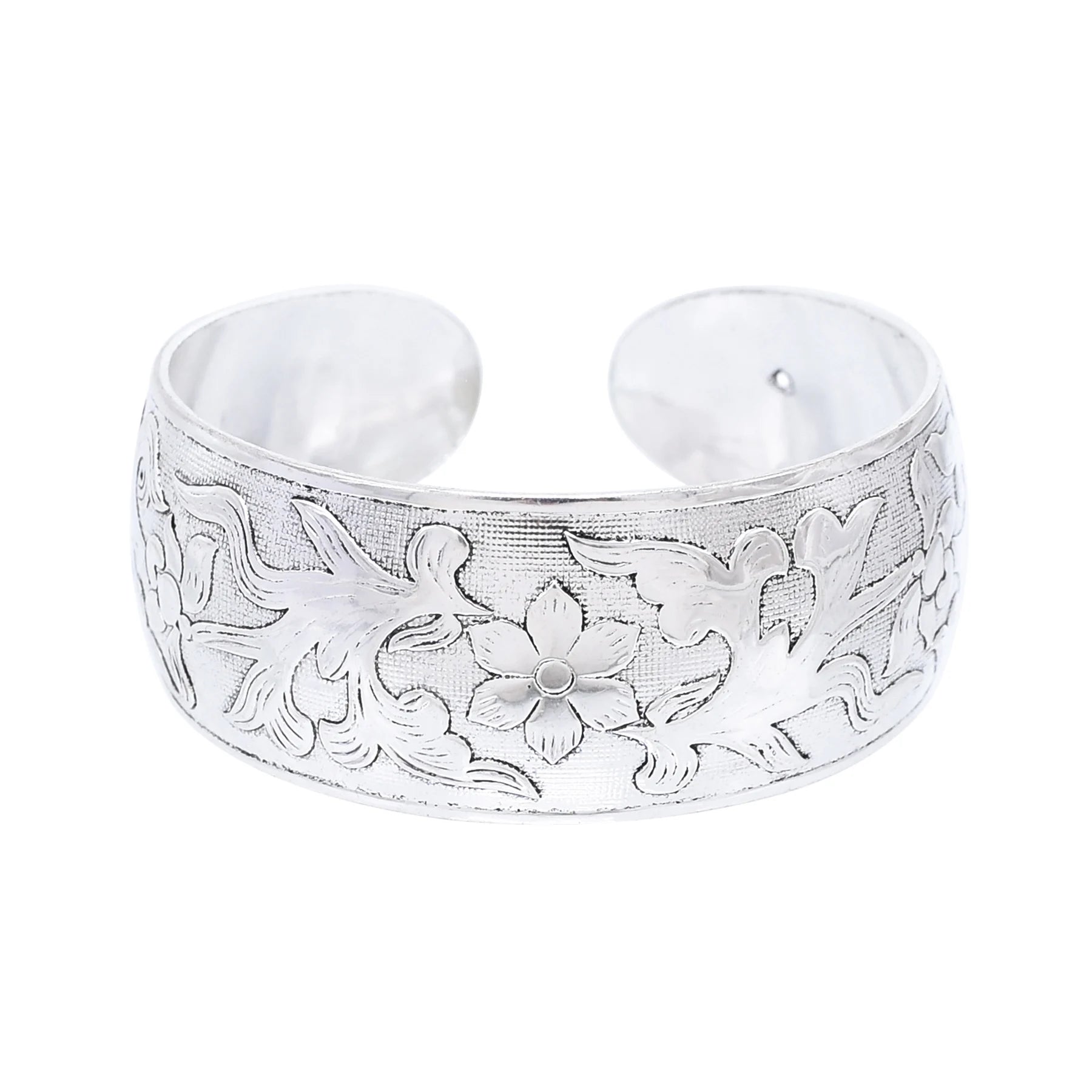 Central Asian Kazakh Style Floral Cuff Bracelet – Silver-Plated Zinc Alloy Bangle for Women