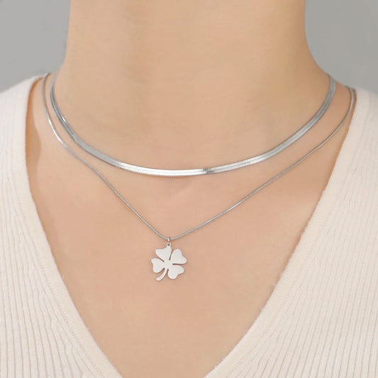 Stainless Steel Four-Leaf Clover Pendant Necklace – Lucky Charm Layered Design