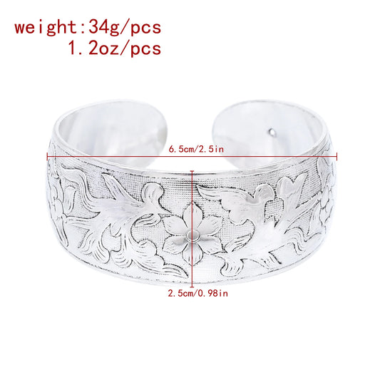 Central Asian Kazakh Style Floral Cuff Bracelet – Silver-Plated Zinc Alloy Bangle for Women